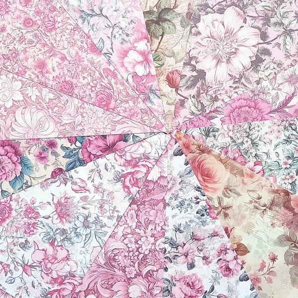 12 15x15cm Floral scrap paper pieces. Pink rose flowers for scrapbooking, card making, planners, crafts. Vintage roses flower papers