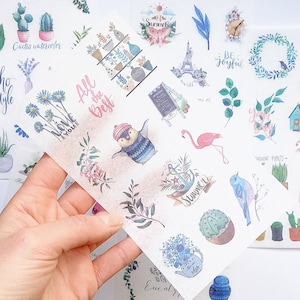 6 hojas de pegatinas washi. Lindo paquete de pegatinas florales con plantas, texto y animales. Para scrapbooking, bujo journaling, agendas y regalos de manualidades.