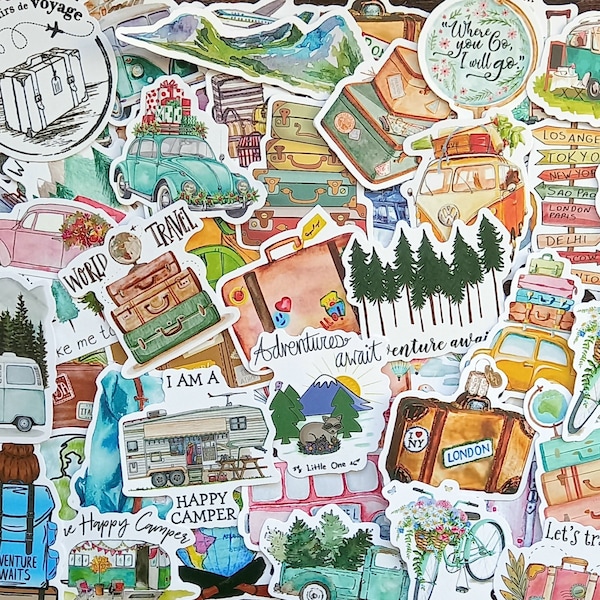 22 reisstickers, vakantiestickerpakket. Koffer, VW-camper, vliegtuigen, bos, avontuur, vakantieplannerset voor reizigers. Vakantie journaal. Groot-Brittannië