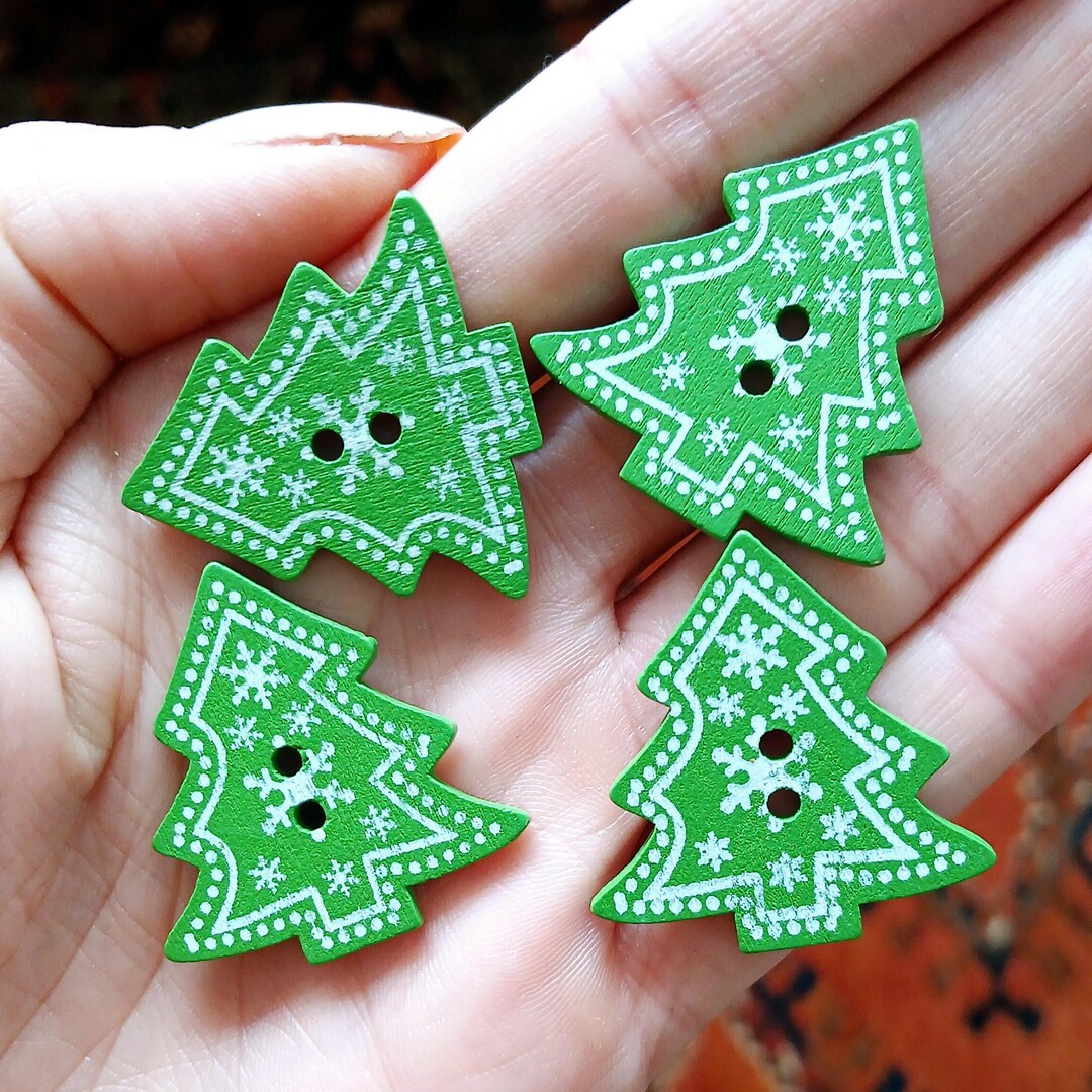 20 Christmas Tree Wooden Buttons: Green Nordic Pattern, Festive ...