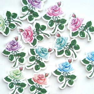 20 Wooden rose buttons. Pink, blue, purple green roses for floral knitting, crochet, sewing crafts, collage crafting gifts. cottagecore set