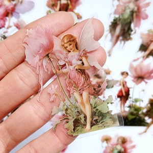 Lot de 15 stickers fées magiques roses. Autocollants transparents pour violoncelle, fées des fleurs, vintage. Agenda fae nature mystique, Kindle, pack de scrapbooking bujo