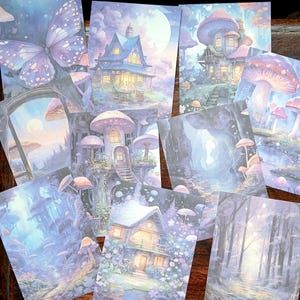 10 feuilles de papier champignon A6. Pack d'artisanat violet. Habitations magiques de la forêt des sorcières dans les champignons avec des vibrations féériques de la nature et de la faune.
