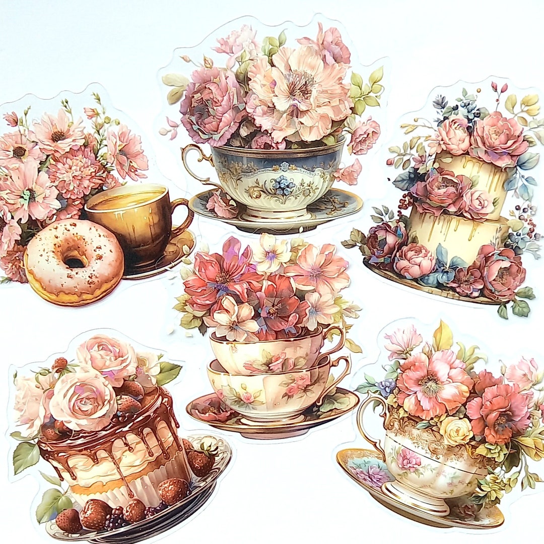5 Large Afternoon Tea Stickers. Clear Cello Cake, Teacup, Donut, Coffee ...