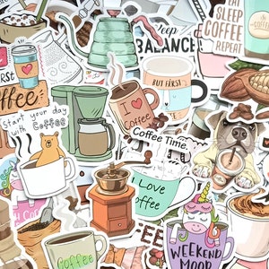 15 pegatinas de cafeterías. Paquete de pegatinas extragrandes e impermeables de Cuppa Joe. Juego de decoración para tazas de viaje, Kindle, animales, humor, adorables y amantes del café
