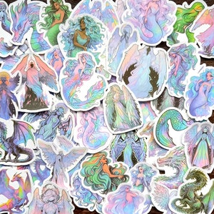 20 pegatinas de criaturas míticas. Paquete de pegatinas de fantasía en tonos pastel de sirenas, dragones y ángeles. Para decoración de Kindle, diarios, álbumes de recortes, bujo y manualidades.