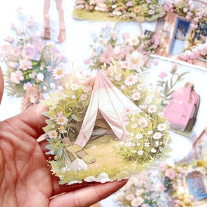 15 pegatinas rosas de camping para niñas, flores de cerezo, tiendas de campaña y paquete de pegatinas rosas de glamping para niñas para scrapbooking, diario Bujo, planificador