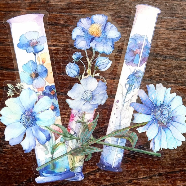 5 big Blue Flower stickers. Large cello cornflower blues sticker set. Test tube, detailed flowers for kindle, laptop or planner, journal