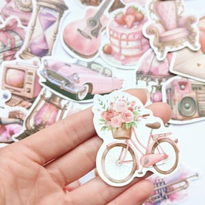 20 stickers roses rétro. Kindle vintage, pack d'autocollants artisanaux. Coffret cadeau vélos, château, faune, nourriture, boisson, musique, maison, mélange de mode
