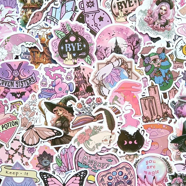 20 Pink Witchy Stickers. Spooky halloween girlie sticker set, voodoo, candles, magic, ouija, spells, witch cute sticker pack in pinks.