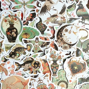 20 stickers bujos orientaux. Nouvel an chinois vert jade, oiseaux japonais, éventail, timide, vase papillon, journal de décalcomanies, jeu d'autocollants pour agenda. Boutique britannique