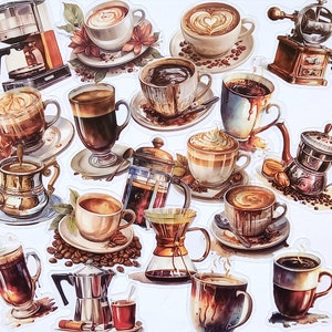 15 pegatinas para amantes del café. Pegatinas transparentes para manualidades, agendas, diarios y scrapbooking. Paquete de manualidades para una taza de café.