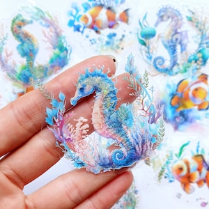 10 pegatinas de vida marina. Paquete de pegatinas de caballitos de mar y peces payaso para hacer álbumes de recortes, llevar un diario, hacer manualidades o decorar Kindles, botellas de agua, etc.