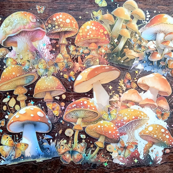 5 Large Mystical Mushroom Stickers.  clear cello sticker set, Hologram golde yellow magic mushroom with butterflies, stars, ferns. 6-7cm