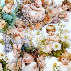 15 stickers bébé chérubin. Ensemble d'autocollants mignons fleurs et bébés anges. Scrapbooking floral, journalisation, pack cadeau d'autocollants de création d'agenda