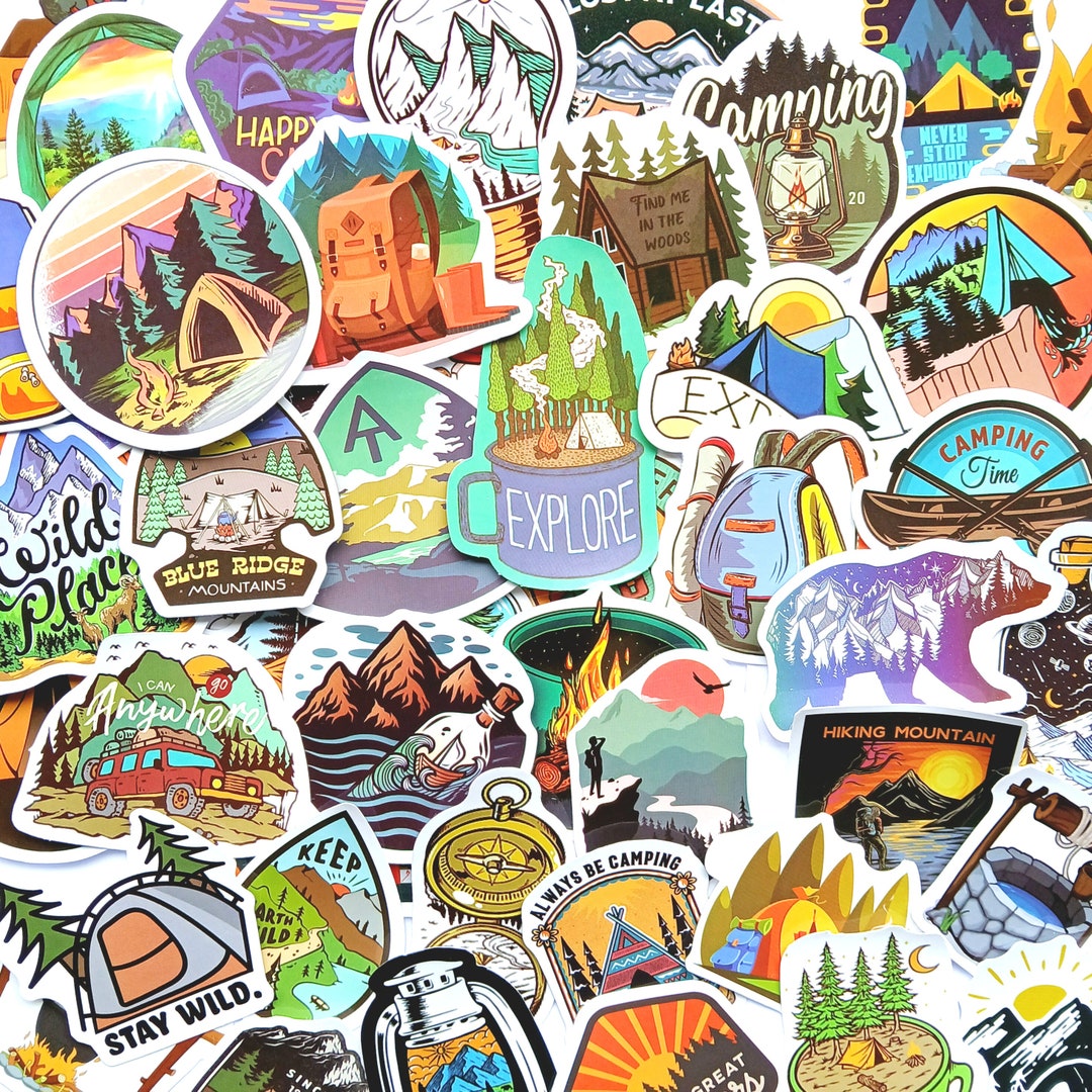 20 Camping Stickers. Travelling Adventure Sticker Set. Tents, Forest ...