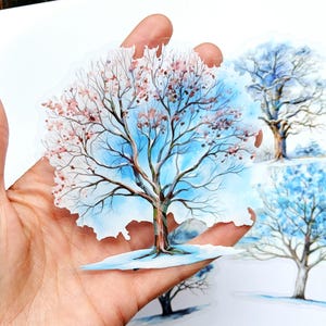 5 pegatinas grandes de árboles de invierno. Árboles azules cubiertos de nieve. Paquete de pegatinas con escenas invernales. Ideal para scrapbooking, diarios y tarjetas navideñas.