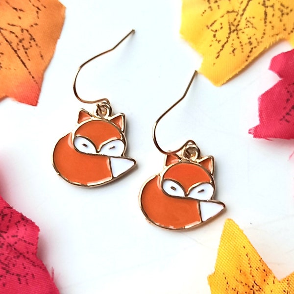 Cute fox earrings. Autumn / fall style wildlife enamel charms on hooks/ ear wires.  Comes in chiffon giftbag. autumnal fashion jewellery