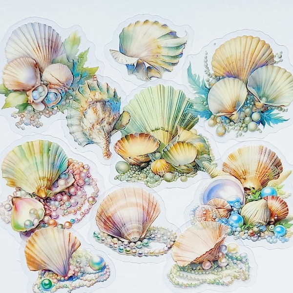 10 Shell & Pearl Stickers. Mermaid ocean style clear stickers with pearls , and shells. Under the sea scrapbooking, journal sticker set.
