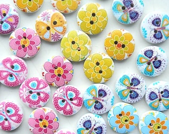 20 x 15mm Flower / butterfly buttons in pinks, blues and yellows. Mixed or separate colours.  Bright colours for crafts, baby knits, hippie