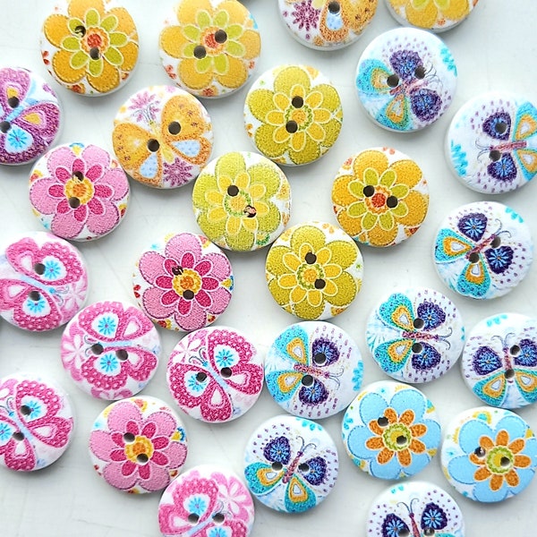 20 x 15 mm Boutons fleur/papillon roses, bleus et jaunes. Couleurs mélangées ou séparées. Couleurs vives pour travaux manuels, tricots pour bébé, hippie