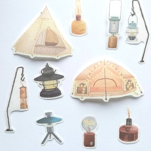 20 pegatinas de glamping. Set de papel washi con carpas y faroles. Decoración de campamento de verano para scrapbooking, diarios, agendas y manualidades.
