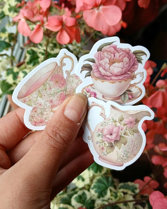 20 Vintage Pink Teacup Stickers: Floral feminine Journal Scrapbook Decals