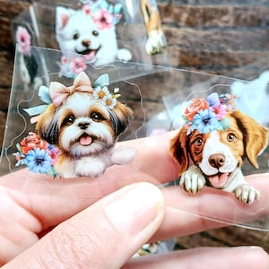 20 autocollants pour chiens mignons. Ruban adhésif décoratif chiots et fleurs pour albums de coupures, agendas, journaux ou cadeaux créatifs, décoration d'ipads, Kindle