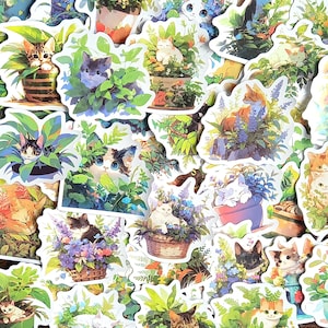 20 stickers chats et plantes. Planificateur de chatons, plantes, bujo, ensemble d'autocollants de scrapbooking Mélange de chats et de plantes pour maman, papa et amoureux des animaux