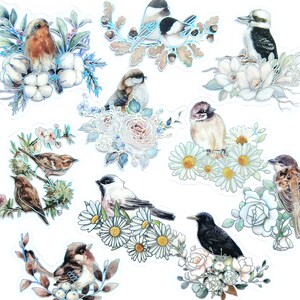10 pegatinas metálicas de pájaros para jardín. Paquete de pegatinas de pájaros británicos con detalles plateados y flores. Álbum de recortes, material para manualidades de diario Bujo
