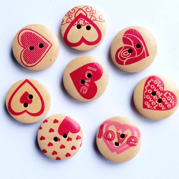 20 x love heart buttons. Wooden 20mm buttons with variety of heart designs for sewing,knitting, crochet valentines crafts. UK supplier