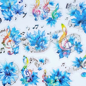 10 pegatinas de notas musicales de color azul vibrante. Paquete de pegatinas de música holograma. álbum de recortes, diario, decoración de kindles, ipads, estuches de instrumentos de regalo