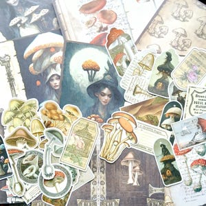 Kit de scrapbooking de brujas vintage. Plantas de brujas, hongos, vida salvaje de la naturaleza. Paquete de 8 papeles de scrapbooking y 30 pegatinas. Bujo journaling, scrapbooking