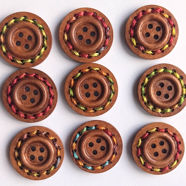 5 x large wooden buttons. Multicolour rainbow thread on 1" buttons. Mixed colours. Sewing, knitting, crochet button. From Cornwall UK