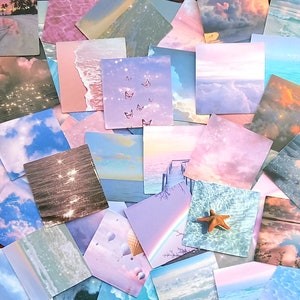 20 pegatinas cuadradas de verano. Playas, cielos de ensueño, el mar en rosa, morado y azul para scrapbooking, agendas, manualidades y decoración para dispositivos.