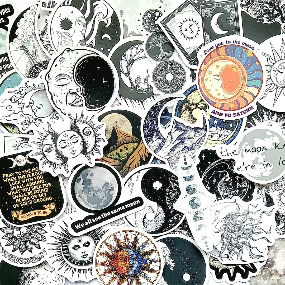 20 Bohemian Moon Stickers. Hippie Vibes Sticker Pack, Sun / Moon, Black ...