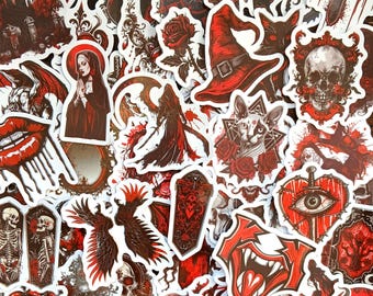 May include: A collection of red and black gothic themed stickers featuring various designs including a witch's hat, a skull, a cat, a rose, and a skeleton.
