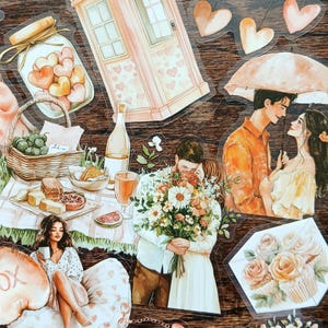 30 pegatinas de Lovergirl. Pegatinas para manualidades con estética romántica y amorosa. Corazones, regalos, escenas románticas para scrapbooking, tarjetas y collages.