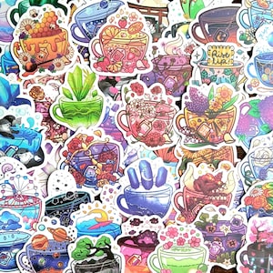 20 stickers pour tasses de thé magiques. Thé, café, tasses à base de plantes avec des animaux, des fleurs, des cristaux, des fruits aux couleurs vives pour un journal bujo, des agendas