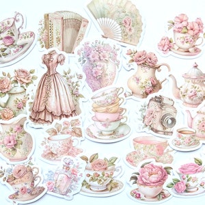 20 pegatinas retro de color rosa para tazas de té. Paquete de pegatinas vintage con motivos florales para Kindle. Flores, tazas de té, moda, álbum de recortes para fiestas de té, bujo, diario de manualidades