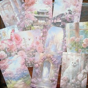 Lot de grattoirs esthétiques roses. 10 feuilles A5 florales. Insecte, fleurs, chat, train et château pour scrapbooking, bujo, travaux manuels