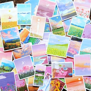 20 pegatinas mate de paisajes. Campos, flores y playas con estilo de pintura colorida para decorar tu Kindle y portátil, crear tu propio diario y crear álbumes de recortes.