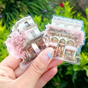 10 Pink Coffee Shop Stickers: Cherry Blossom small Town Scrapbooking, Journaling set.