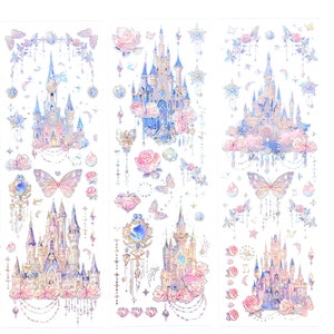 3 hojas de pegatinas de castillos. Castillos de fantasía, mariposas, rosas y nubes. Estilo Disney, sin cortar, Disneyworld, princesas, pegatinas para planificador de vacaciones