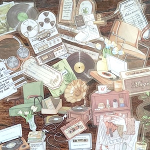 20 pegatinas de música vintage. Juego de pegatinas retro de los años 70, discos, sillas, cintas, tocadiscos para diarios y agendas antiguas/Kindle, decoración de iPod
