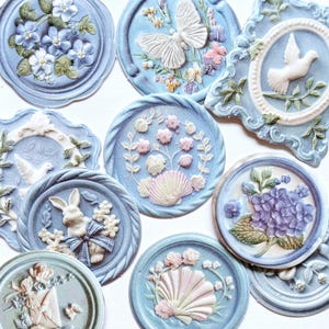 10 pegatinas 3D. Pegatinas florales azules con textura de pájaros, flores, animales y conchas para álbumes de recortes, collages y decoración.