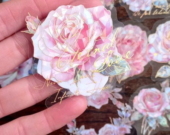 Pink Rose Stickers: Hologram Gold Scrapbooking Decals (Set of 10)