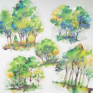5 pegatinas de árboles verdes. Árboles primaverales con detalles holográficos brillantes. Juego de pegatinas de bosques en celofán transparente de 5,5 a 9,5 cm para álbumes de recortes, planificadores y diarios.