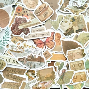 20 stickers bohèmes vintage. Journal, livre, angelot, vhs, cassettes, globes, fée, pomme de pin, fleurs, jeu d'autocollants rétro bujo old school UK