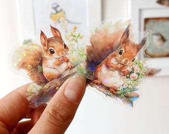 10 Squirrel Stickers, Woodland animal Hologram Set, Scrapbooking